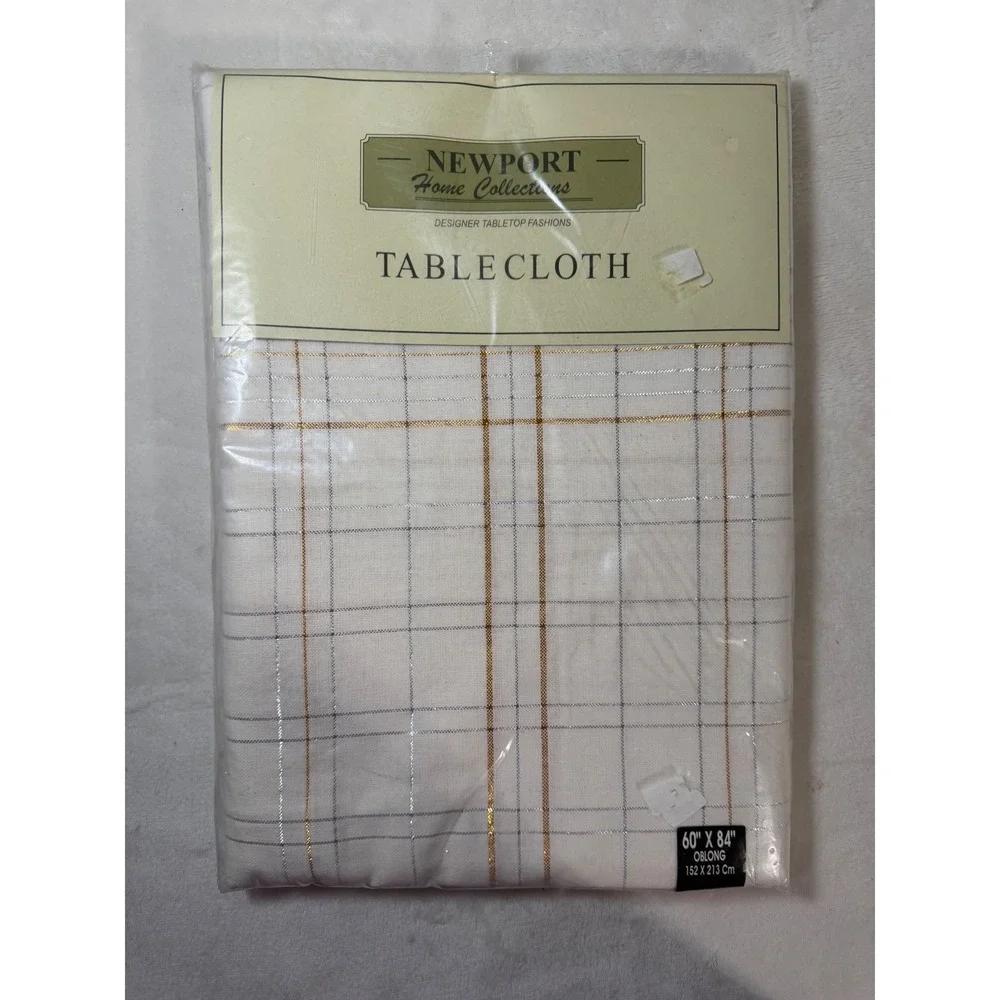 Newport Home Collections White Plaid Tablecloth Gold Silver Metallic 60x84